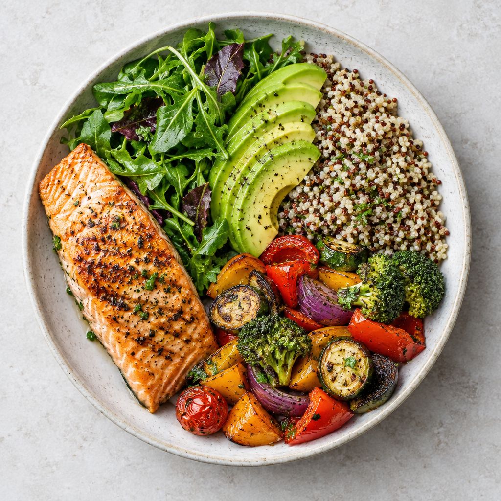 A plate of grilled salmon, quinoa, avocado and roasted vegetables